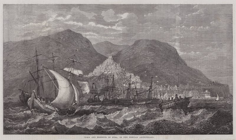 Stadt und Hafen von Syra im griechischen Archipel (Stich) von English School