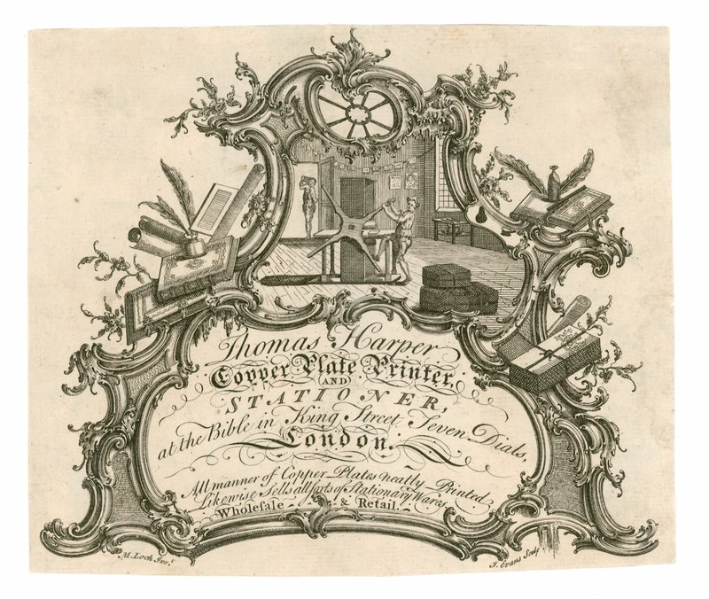 Visitenkarte für Thomas Harper, Kupferplatten-Drucker und Schreibwarenhändler von English School