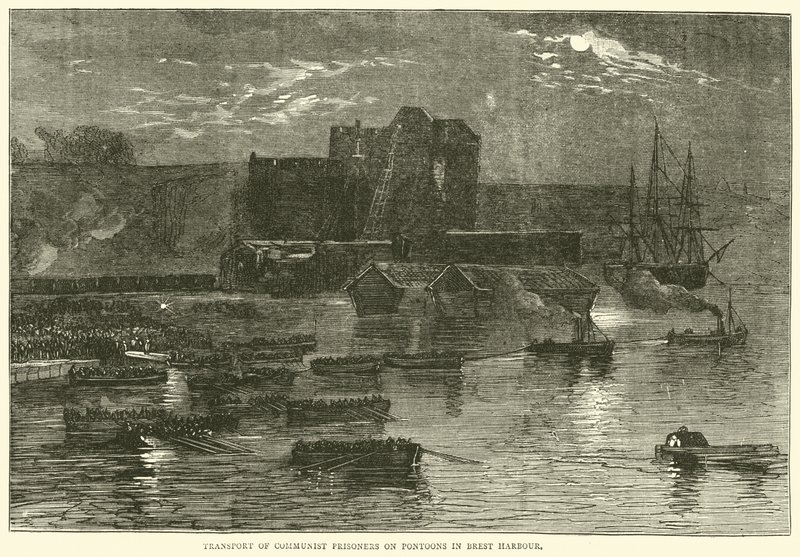 Transport von kommunistischen Gefangenen auf Pontons im Hafen von Brest, 1871 von English School