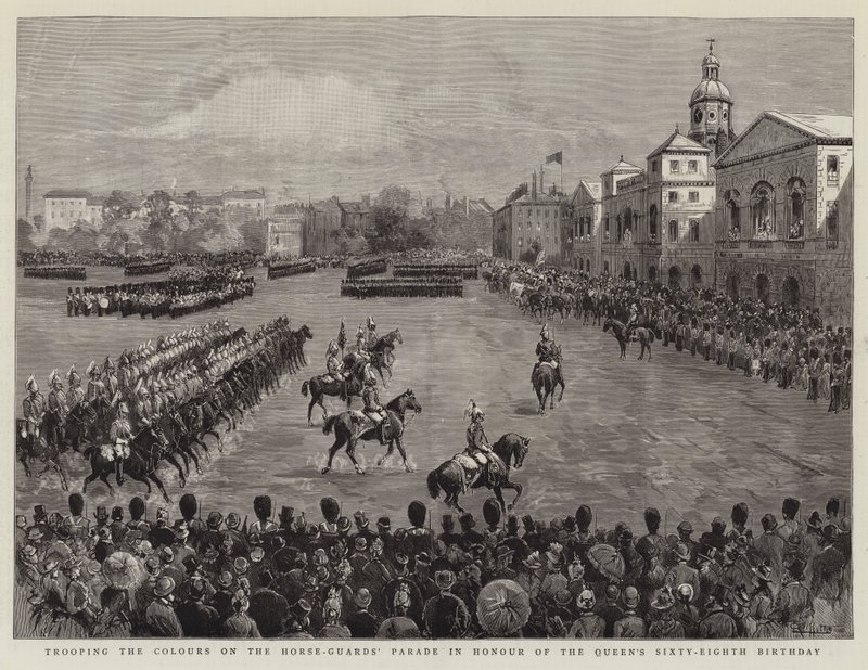 Truppenparade auf dem Horse-Guards-Paradeplatz zu Ehren des 68. Geburtstags der Königin von English School