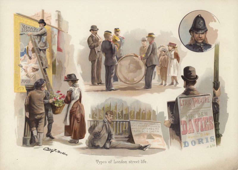 Typen des Londoner Straßenlebens: Plakatierer, Blumenverkäufer, Musiker, Bettler, Sandwichmann, Polizist von English School
