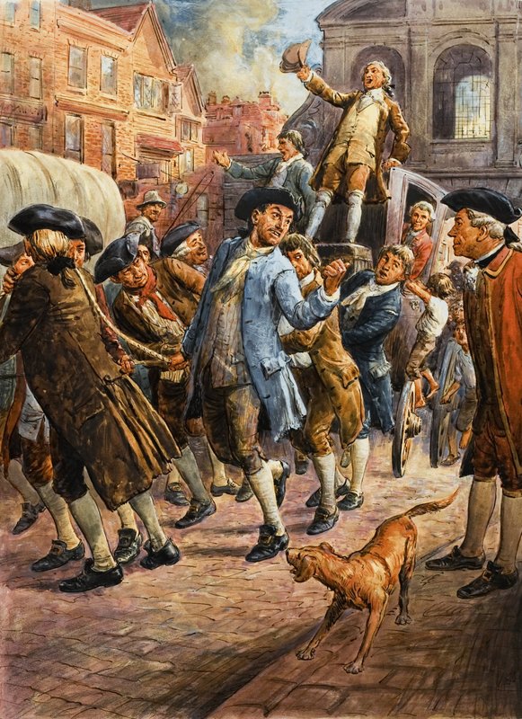Unidentifizierte Szene mit singendem Mann auf einer von anderen gezogenen Kutsche von English School