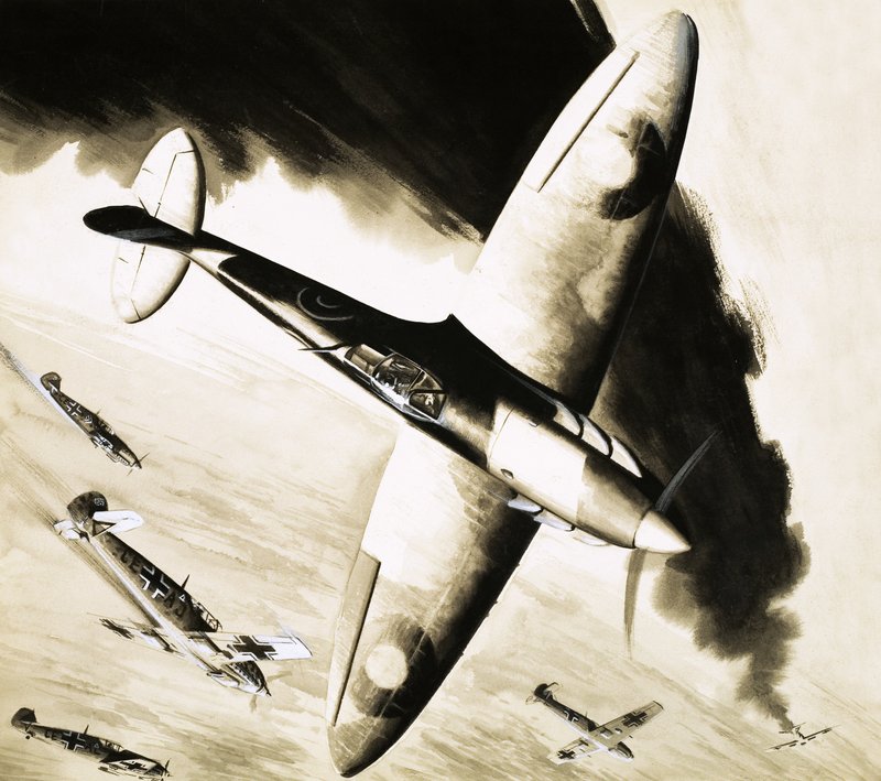 Unidentifizierte Spitfire im Luftkampf mit deutschen Jägern von English School