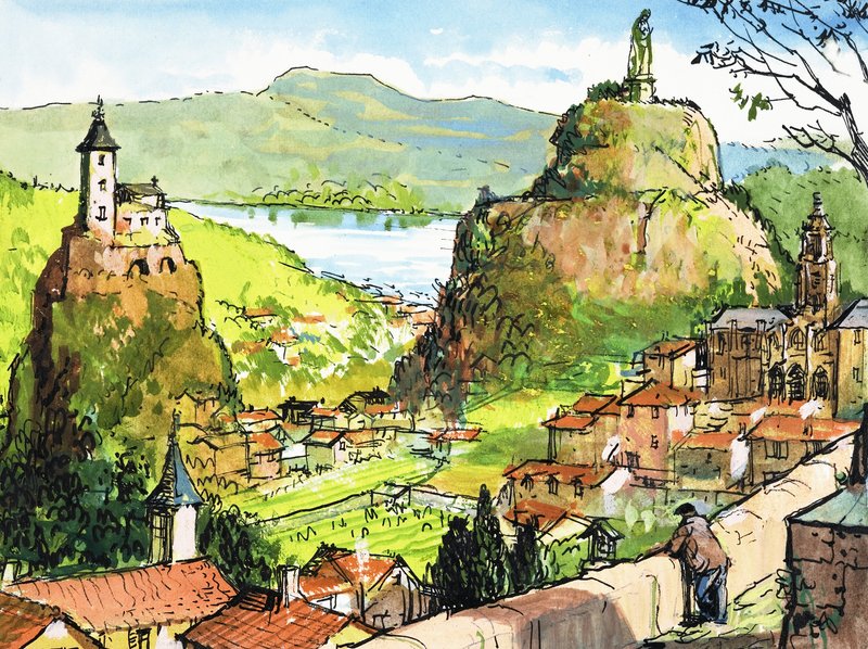 Unidentifizierte Landschaftsszene mit Kirche auf Felsen gegenüber einer Statue auf einem Hügel von English School