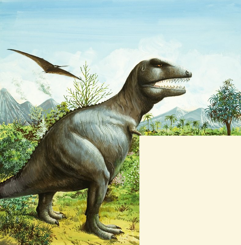 Unidentifizierte Dinosaurierszene mit T-Rex und Pterodaktylus von English School