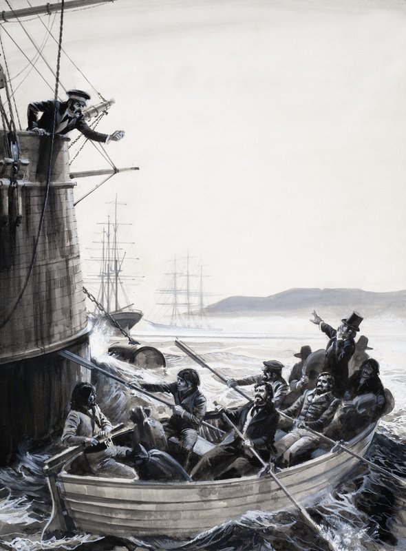 Unidentifizierte Matrosen (Meuterer) im Ruderboot mit Kapitän, der die Faust schüttelt von English School