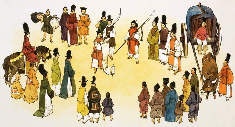 Unbekannte Szene eines japanischen Stadtschreiers, der eine Ankündigung an die Menge macht von English School