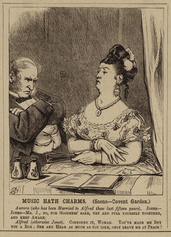 Viktorianisches Paar im Covent Garden Opernhaus, London (Stich) von English School