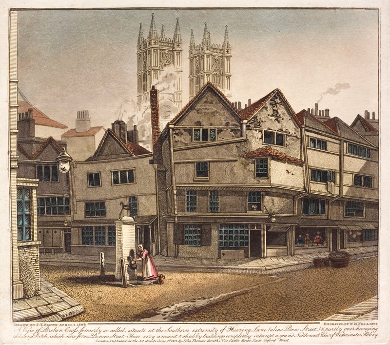 Ansicht des Broken Cross am Ende der Thieving Lane, Westminster, London von English School