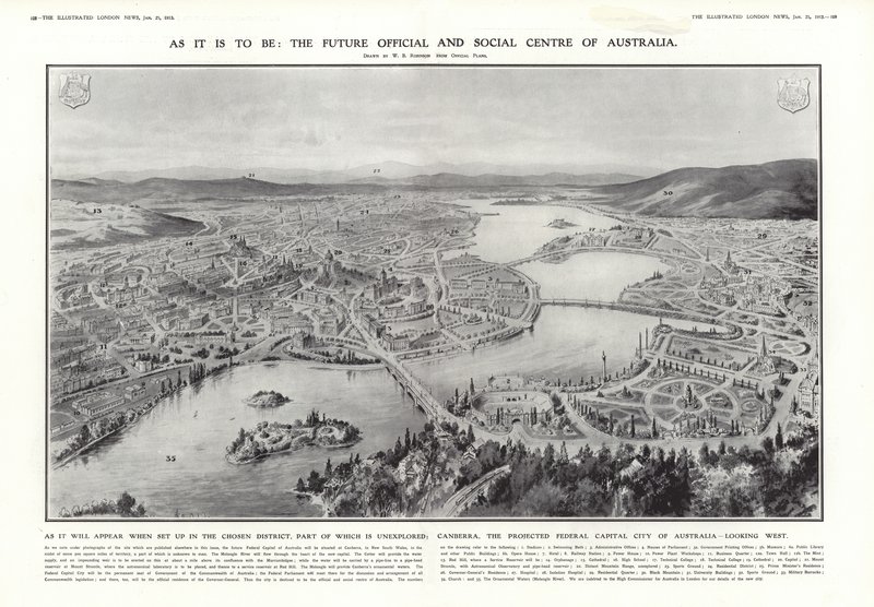 Ansicht von Canberra, vorgeschlagene Bundeshauptstadt von Australien, 1913 von English School