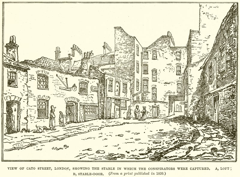 Ansicht der Cato Street, London, mit dem Stall, in dem die Verschwörer gefangen wurden von English School