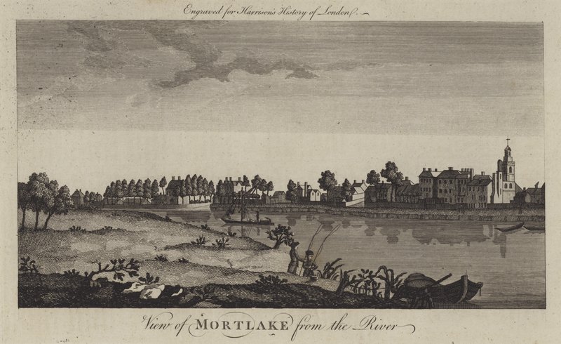 Ansicht von Mortlake vom Fluss Thames von English School