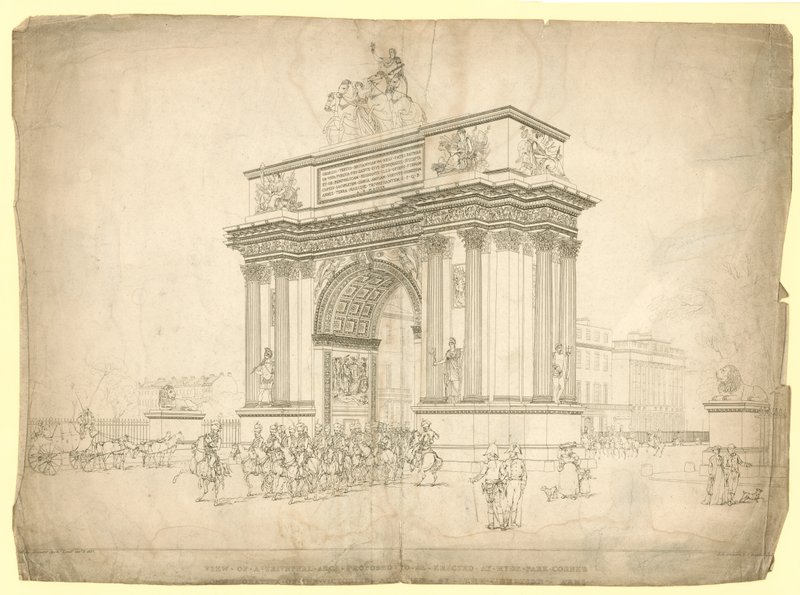 Ansicht eines Triumphbogens, der am Hyde Park Corner errichtet werden soll von English School