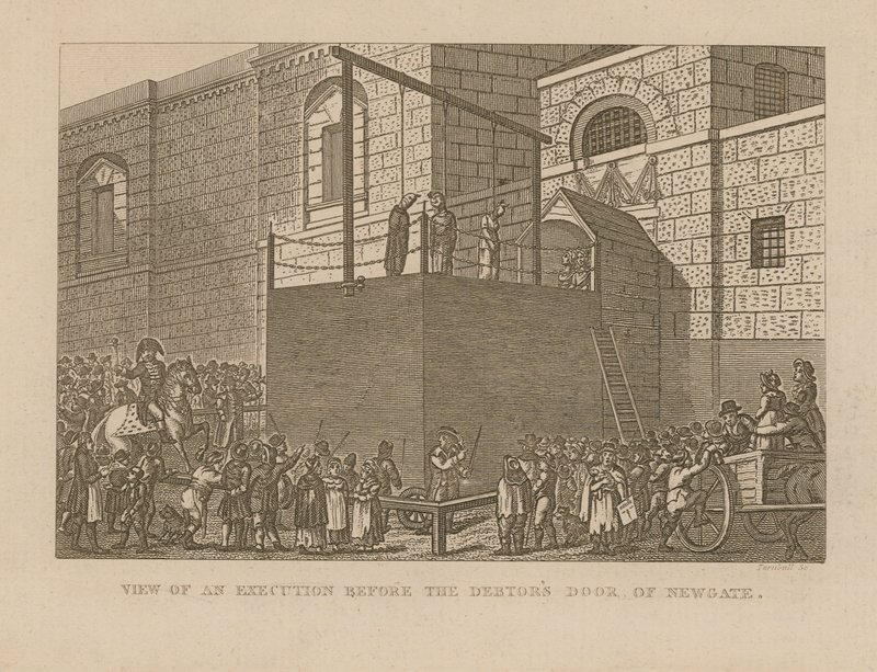 Ansicht einer Hinrichtung vor der Schuldnertür von Newgate von English School