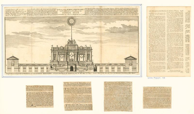 Ansicht des öffentlichen Feuerwerks für den Frieden von Aachen 1749 von English School