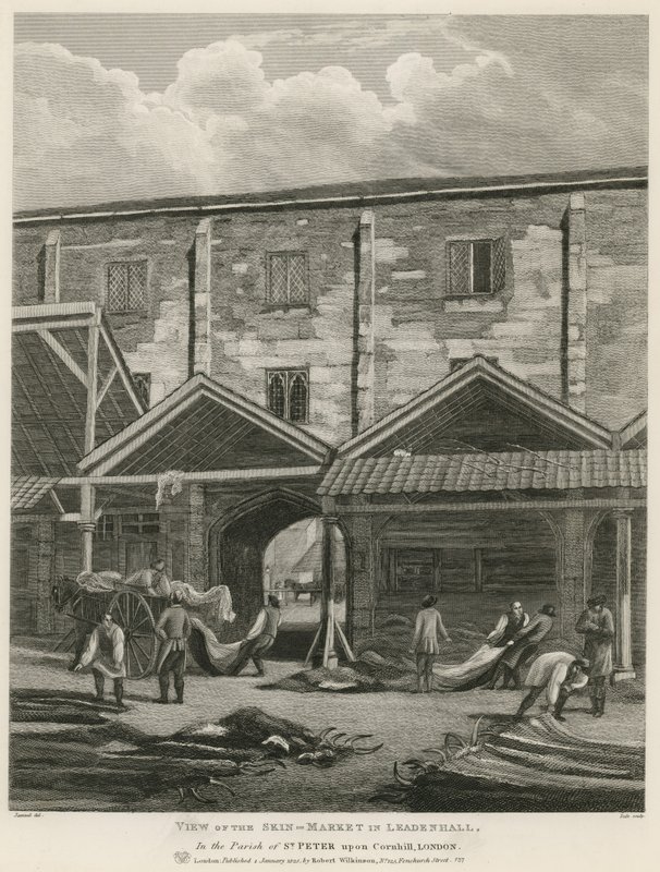 Ansicht des Hautmarktes in Leadenhall, in der Pfarrei St. Peter upon Cornhill, London von English School