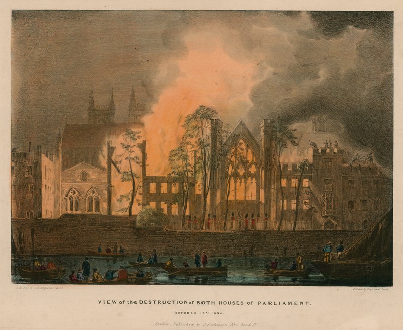 Ansicht der Zerstörung beider Parlamentshäuser, 16. Oktober 1834 von English School