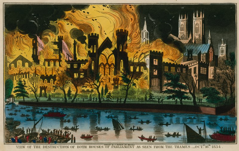 Ansicht der Zerstörung beider Parlamentshäuser vom Thames aus gesehen, 16. Oktober 1834 von English School
