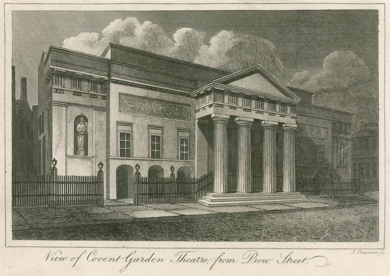 Ansicht der Außenseite des Covent Garden Theatre, London, von der Bow Street von English School