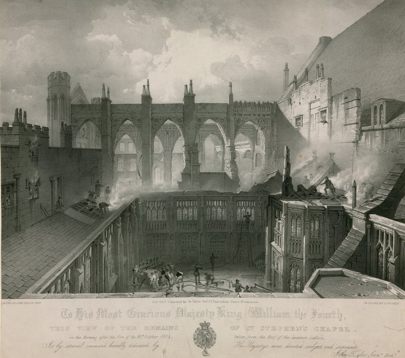 Ansicht der Überreste der St Stephens Kapelle am Morgen nach dem Feuer von English School