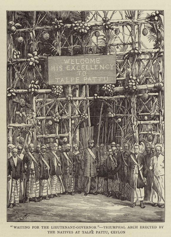 "Warten auf den Vizegouverneur", Triumphbogen, errichtet von den Einheimischen in Talpe Pattu, Ceylon von English School