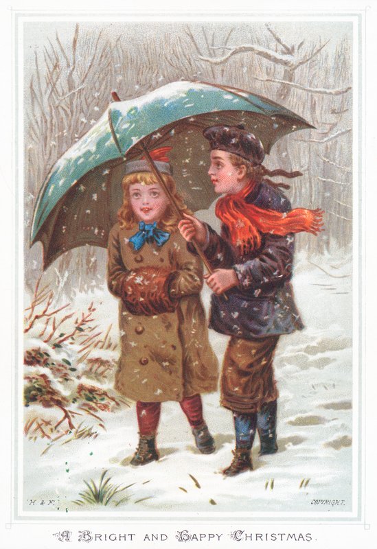 Unter einem Regenschirm im Schneesturm, Weihnachtskarte von English School