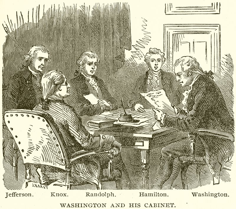 Washington und sein Kabinett. Jefferson. Knox. Randolph. Hamilton. Washington von English School