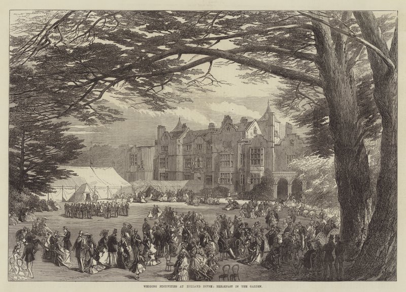 Hochzeitsfeierlichkeiten im Holland House, Frühstück im Garten (Gravur) von English School