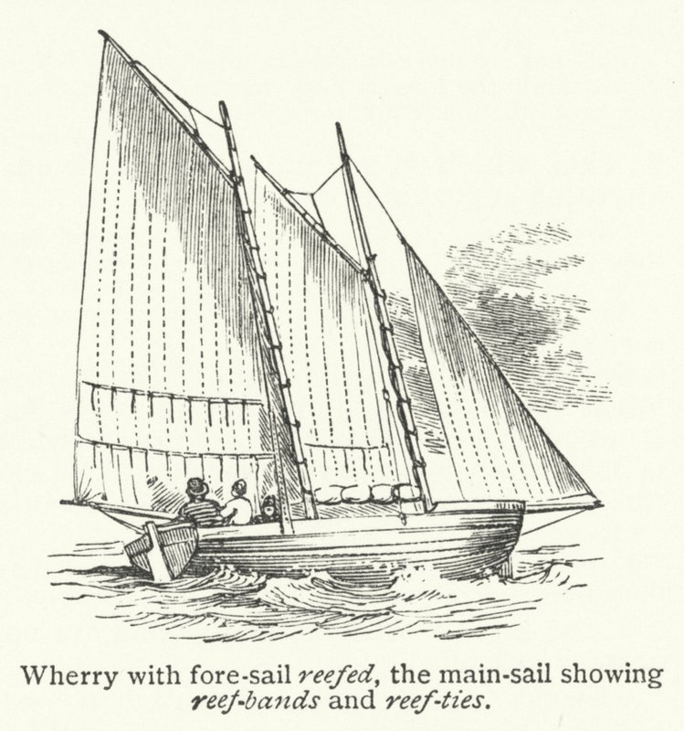 Wherry mit gerefftem Vorsegel, das Hauptsegel zeigt Reffbänder und Reffbänder von English School
