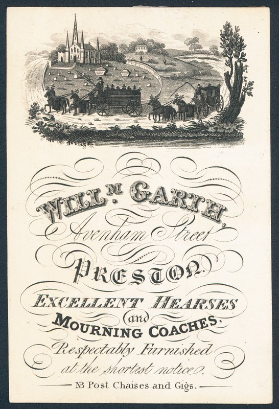 William Garth, Lieferant von ausgezeichneten Leichenwagen und Trauerkutschen, Visitenkarte von English School