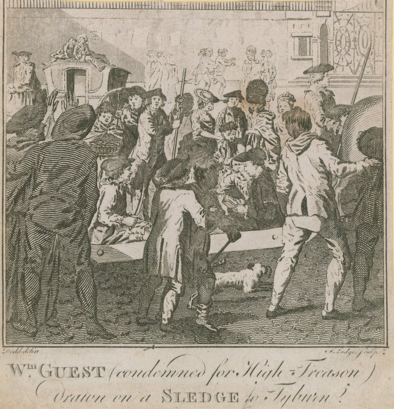 William Guest, wegen Hochverrats verurteilt, auf einem Schlitten nach Tyburn gezogen von English School