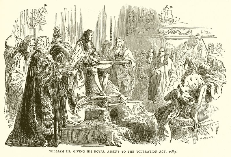 Wilhelm III. gibt seine königliche Zustimmung zum Toleranzgesetz, 1689 von English School