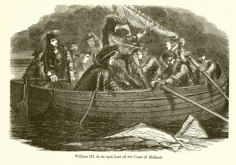 Wilhelm III. in einem offenen Boot vor der Küste Hollands von English School