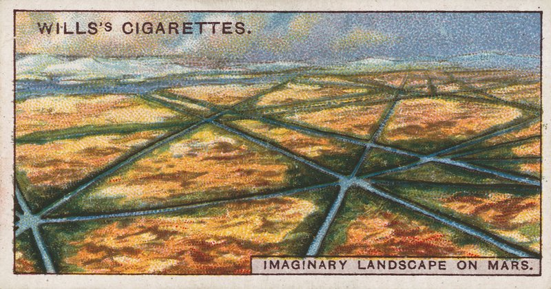 Wills Zigarettenkarte, die eine imaginäre Landschaft auf dem Mars darstellt von English School