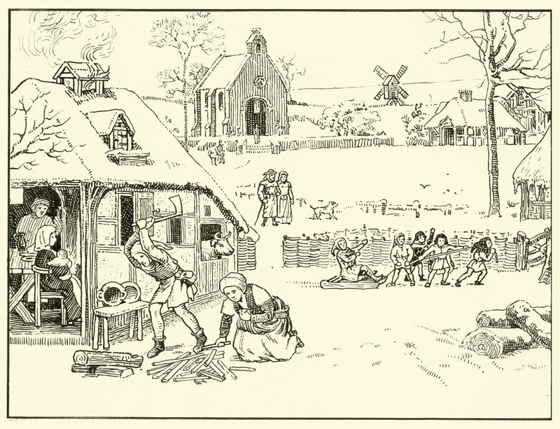 Winterszene in einem Dorf. 14. Jahrhundert von English School