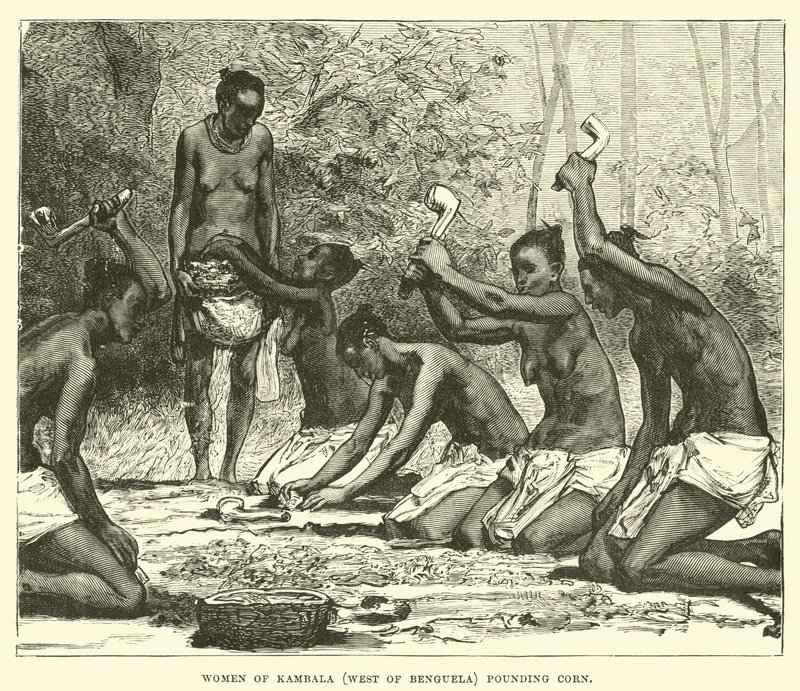 Frauen von Kambala (westlich von Benguela) beim Maisstampfen von English School