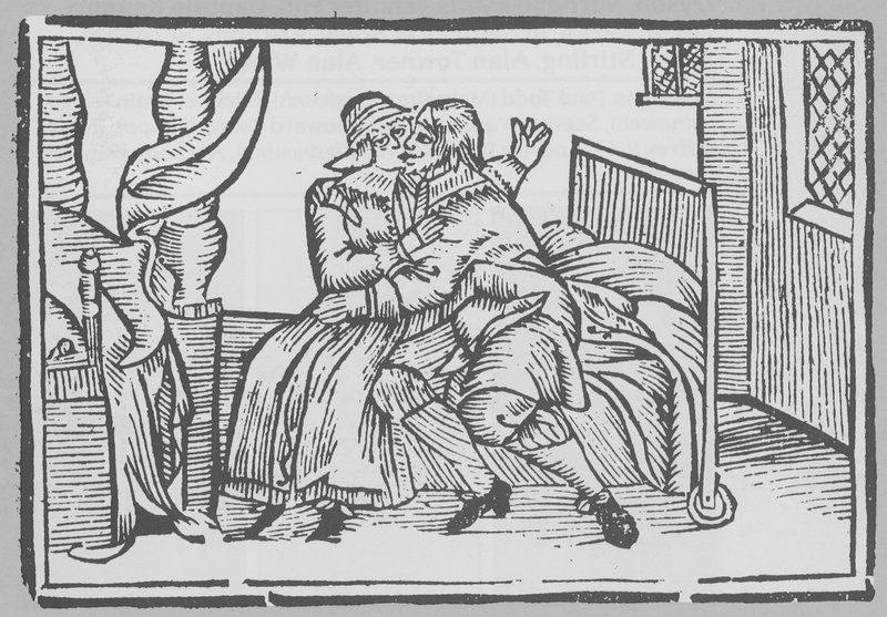 Holzschnitt, der einen Mann und eine Frau auf einem Bett zeigt von English School