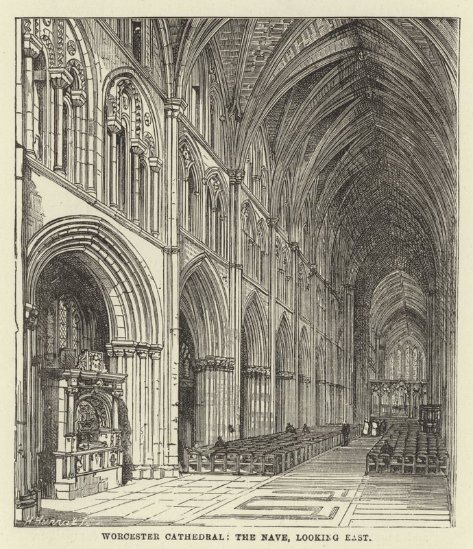 Worcester Kathedrale, das Kirchenschiff, Blick nach Osten von English School