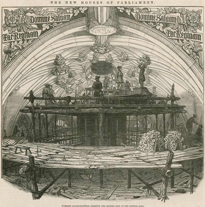Arbeiter, die die Bossen am Gewölbedach der zentralen Halle skulptieren von English School