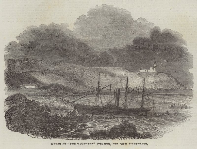 Wrack des Dampfers "The Vanguard" vor dem Leuchtturm von Cork von English School
