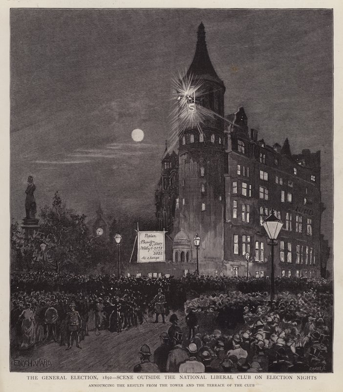 Bekanntgabe der Ergebnisse der Parlamentswahl 1892 aus dem Liberal Club, Westminster, London von Enoch Ward