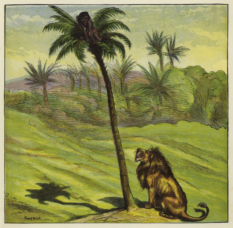 Mann entkommt einem Löwen, indem er auf einen Baum klettert von Ernest Henry Griset