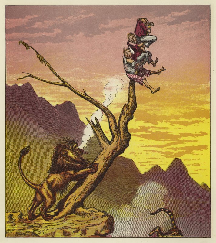 Die drei Seeleute entkommen einem Löwen, indem sie auf einen Baum klettern von Ernest Henry Griset