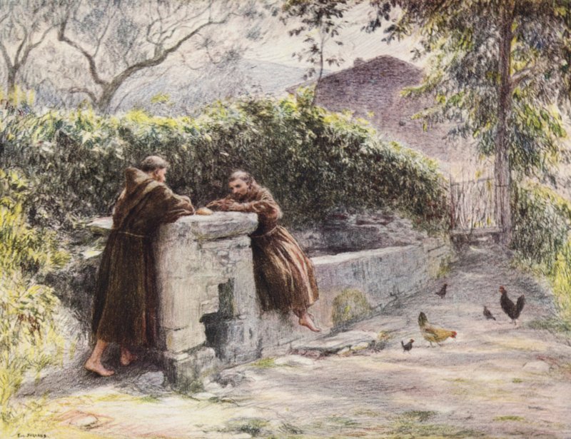 Das Mahl des heiligen Franziskus und Bruder Masseo am Brunnen, der heilige Franziskus lobt die Armut von Eugene (after) Burnand