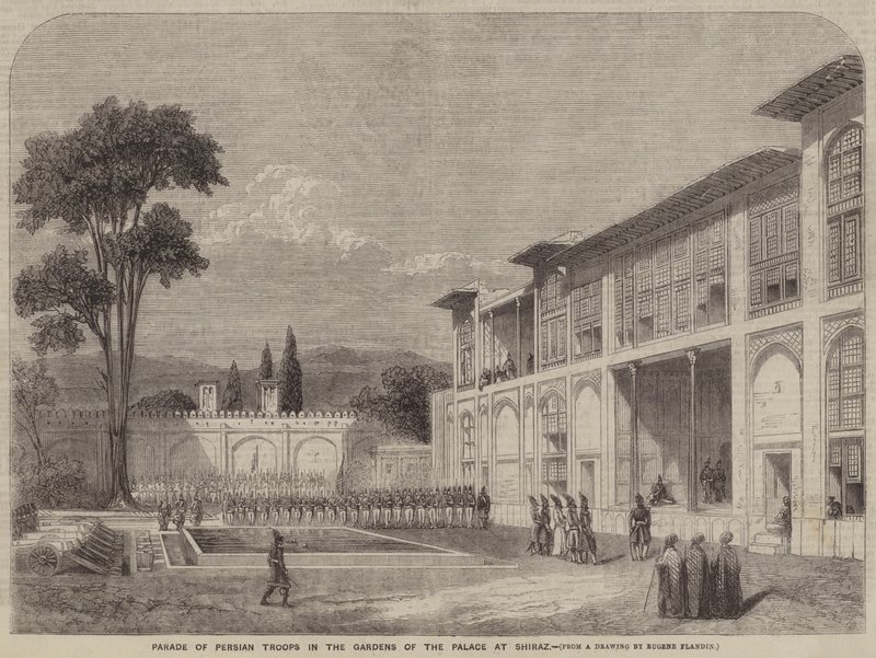 Parade persischer Truppen in den Gärten des Palastes von Shiraz von Eugene Flandin