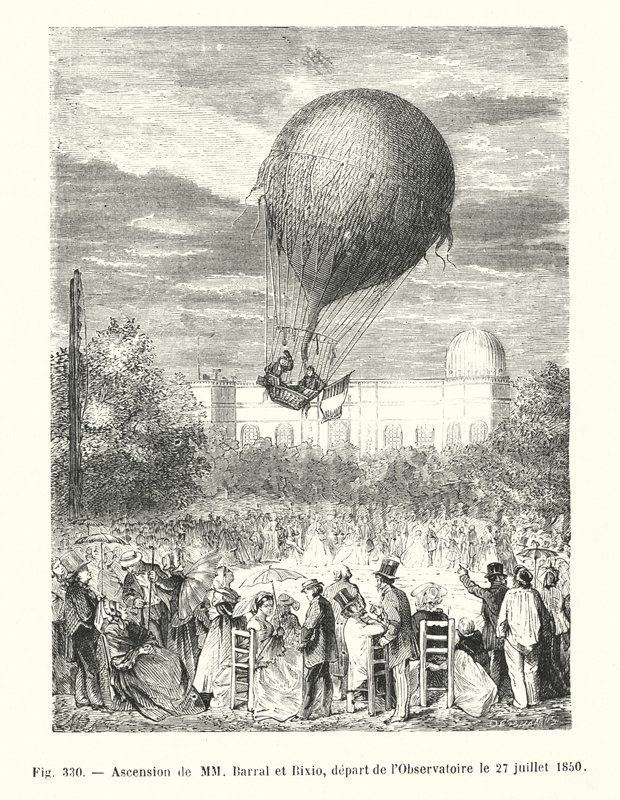 Aufstieg von MM Barral und Bixio, Abfahrt vom Observatorium am 27. Juli 1850 (Stich) von European School