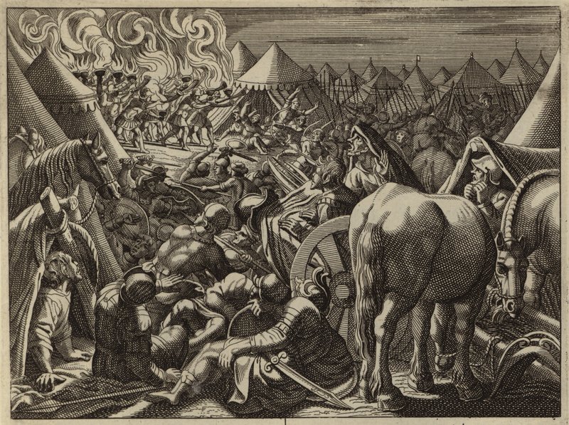 Angriff auf das Lager von Midian durch die 300 von Gideon ausgewählten Soldaten (Gravur) von European School