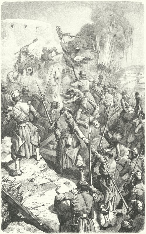 Eroberung des Malakoff-Redoubts während der Belagerung von Sewastopol, 8. September 1855 (Stich) von European School