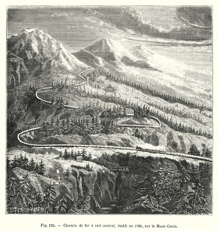 Eisenbahn mit Mittelschiene, 1866 auf dem Mont-Cenis errichtet von European School
