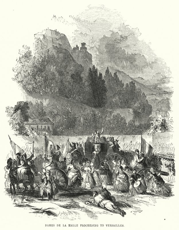 Damen der Halle auf dem Weg nach Versailles (Gravur) von European School